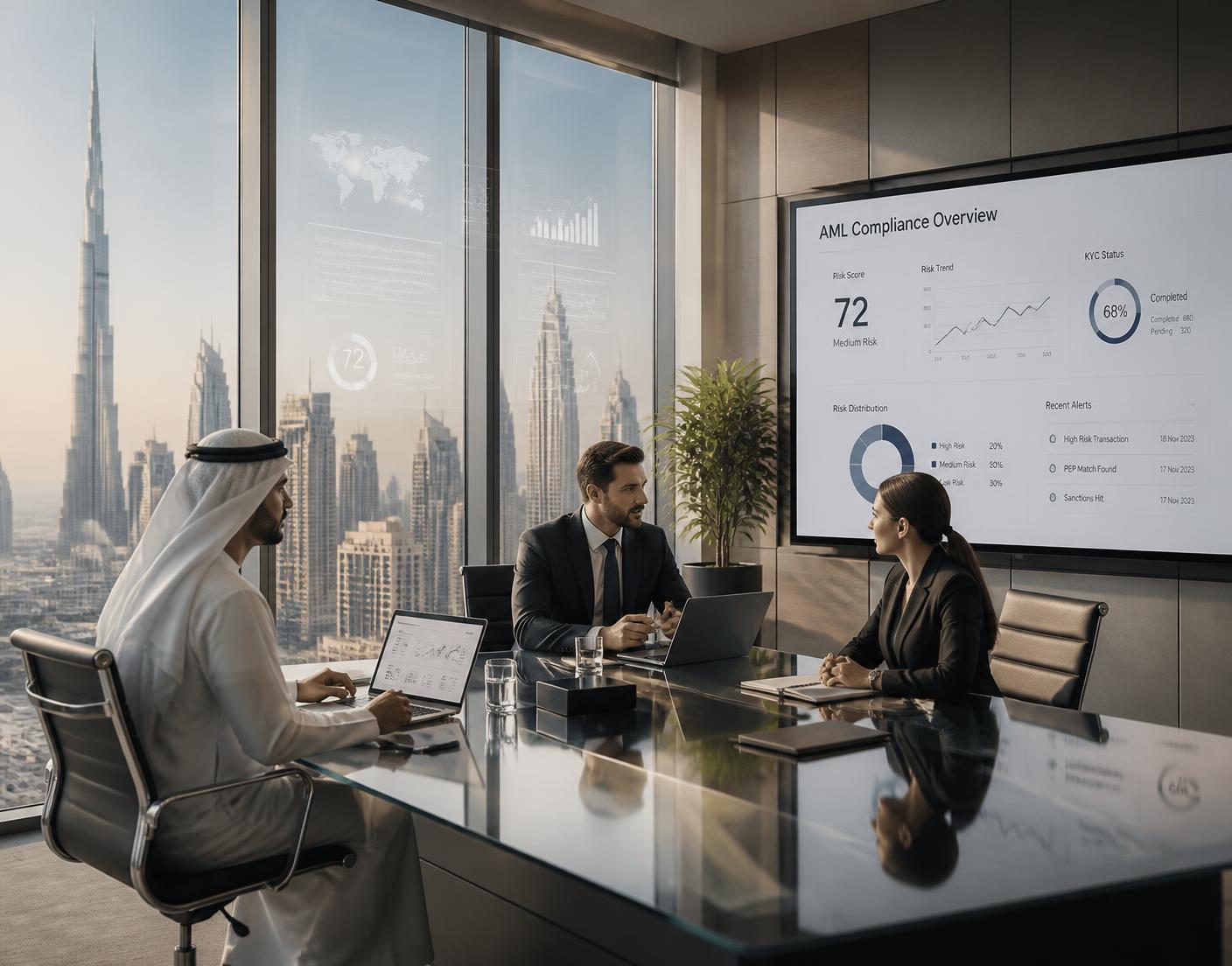 Bobton Compliance Solutions leadership team reviewing an AML compliance dashboard in a Dubai boardroom