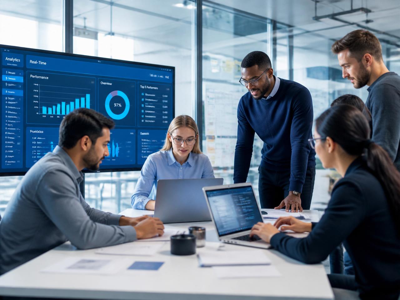Software engineers collaborating in a modern technology workspace with dashboards on screen